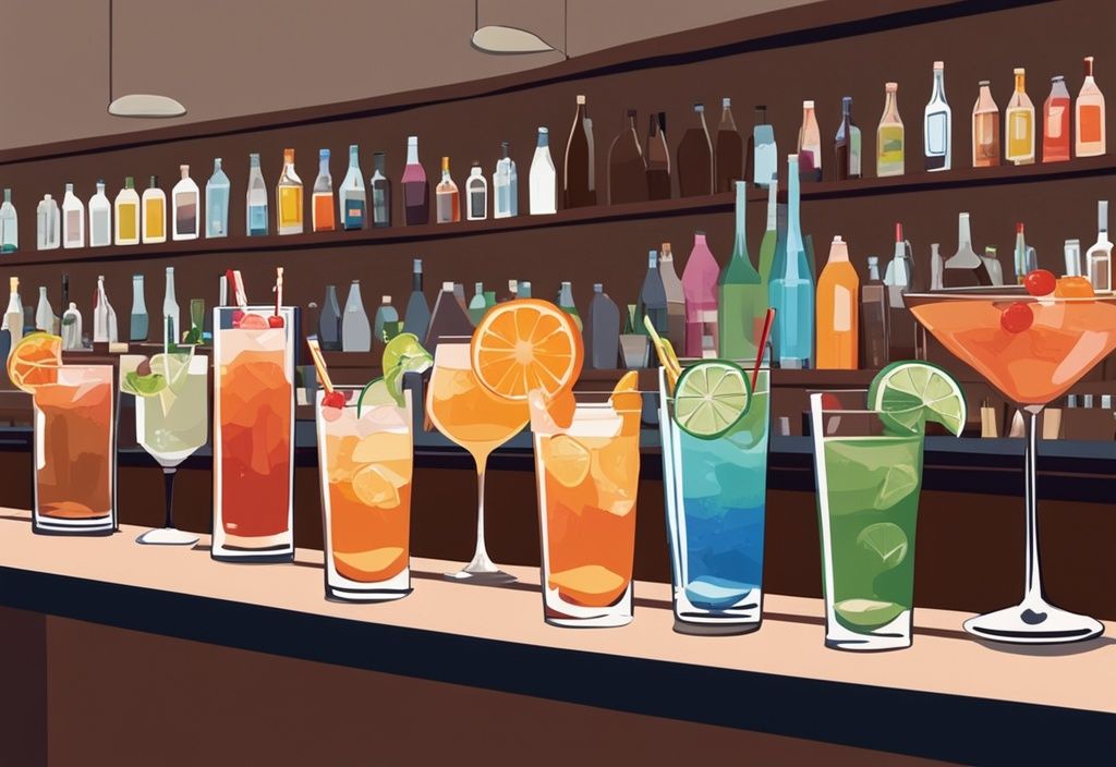 Moderne Malerei mit braunem Farbschema, verschiedene bunte Cocktails in Highball-Gläsern auf einer eleganten Bar, prominent platzierte Flasche Sodawasser