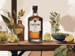 Moderne Illustration eines Castelgy Gin Tests mit braunem Farbschema, einer eleganten Flasche Castelgy Gin auf einem rustikalen Holztisch, umgeben von verschiedenen Botanicals und einem Tasting-Glas mit Gin.