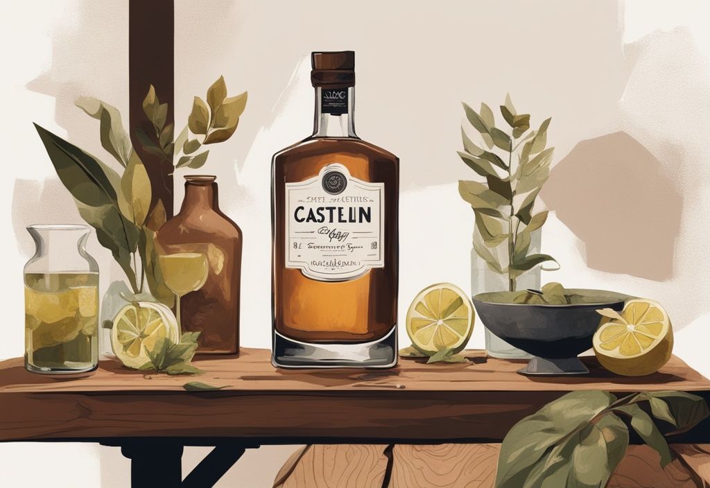 Moderne Illustration eines Castelgy Gin Tests mit braunem Farbschema, einer eleganten Flasche Castelgy Gin auf einem rustikalen Holztisch, umgeben von verschiedenen Botanicals und einem Tasting-Glas mit Gin.