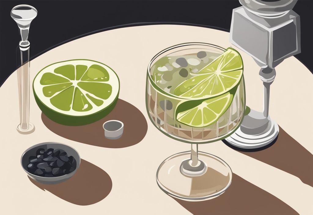 Moderne Malerei-Illustration mit braunem Farbthema, Vogelperspektive auf einen frisch zubereiteten Gimlet-Cocktail in einem Kristallglas, umgeben von Limettenscheiben, Gin und Zuckersirup, Gimlet Rezept.