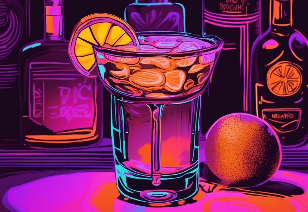 Moderne Malerei Illustration mit braunem Farbschema, Gin Tonic Cocktail leuchtet unter Schwarzlicht mit faszinierendem Neoneffekt