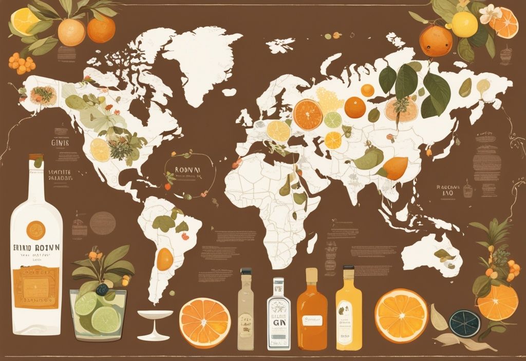 Moderne Illustration einer Weltkarte mit braunem Farbschema, verziert mit Ginflaschen, Zitrusfrüchten und Botanicals, die berühmte Gins aus verschiedenen Ländern hervorheben.