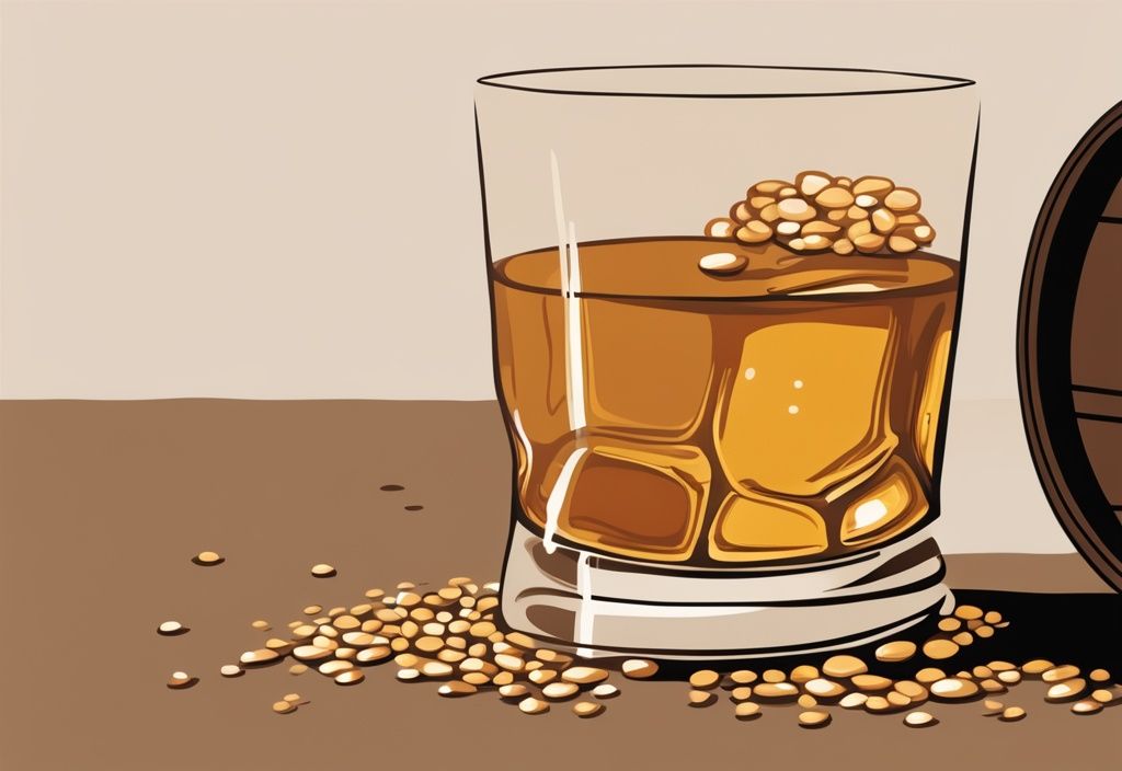 Nahaufnahme von goldenem Grain Whisky in einem Glas mit verstreuten Körnern und einem Whiskyfass im Hintergrund - was ist Grain Whisky