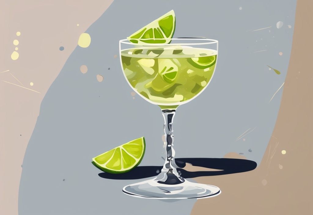 Nahaufnahme eines erfrischenden Gimlet-Cocktails in einem Kristallglas, garniert mit einer Limettenscheibe, mit verstreuten Zutaten wie Limetten, Gin und Zuckersirup im Hintergrund, vor einem modernen Gemälde mit braunem Farbschema.