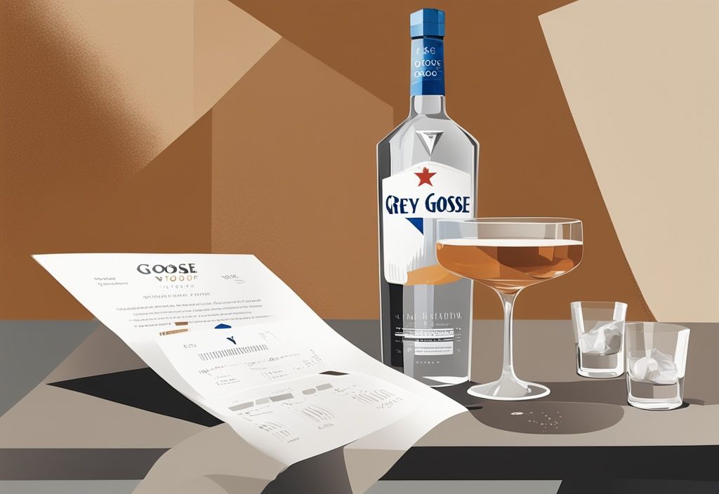 Moderne Illustration mit braunem Farbschema, Grey Goose Vodka Flasche auf einem Tisch mit Shotgläsern, Bewertungsbogen und elegantem Hintergrund, Grey Goose Vodka Test