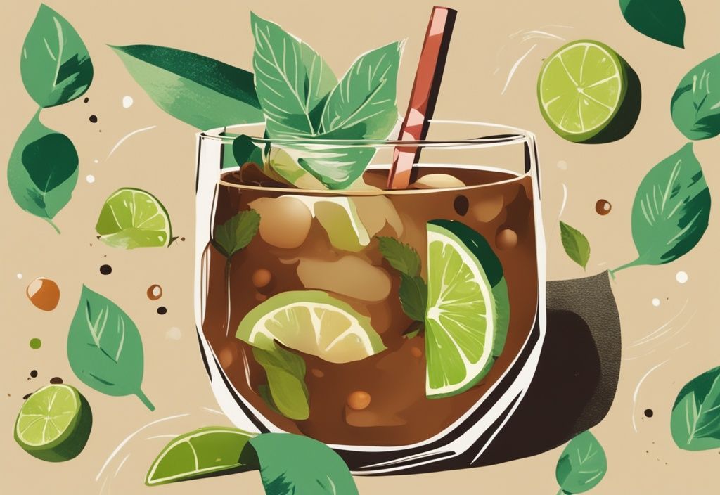 Moderne Malerei Illustration mit braunem Farbschema, ein erfrischender Southside Cocktail umgeben von Minzblättern, Limette und Gin.