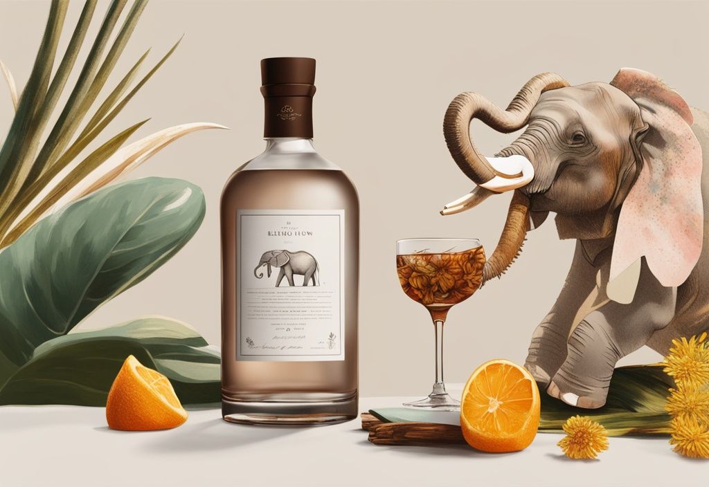 Nahaufnahme einer eleganten Flasche Elephant Gin umgeben von exotischen Botanicals mit einem gefüllten Verkostungsglas, modernes Gemälde in Brauntönen.