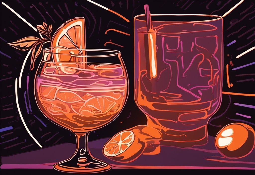 Moderne Malerei-Illustration in Brauntönen, Gin Tonic leuchtet unter Schwarzlicht mit faszinierendem Neoneffekt