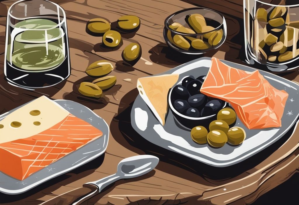 Moderne Gemälde-Illustration mit braunem Farbschema, Gourmet-Snacks wie Käse, Oliven und Räucherlachs um ein kristallklares Glas Gin auf einem rustikalen Holztisch.