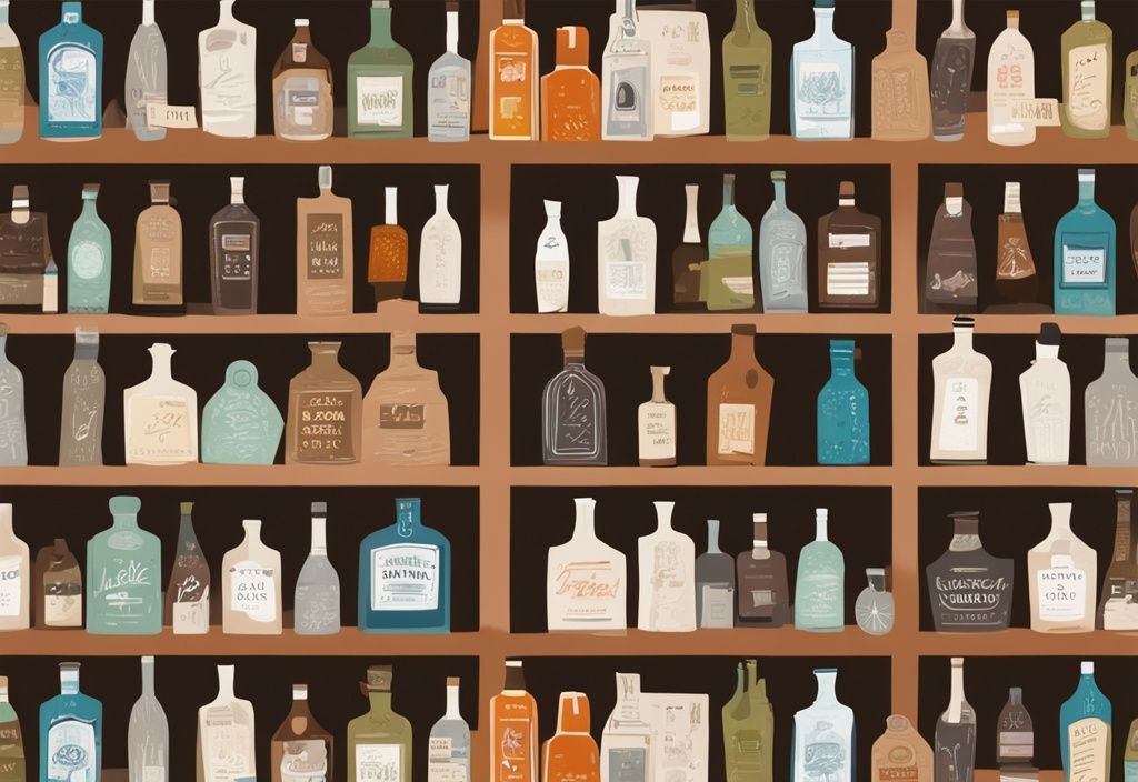 Moderne Illustration von Ginflaschen mit bunten Etiketten auf einem Holzregal, die besten Gins vom Discounter in verschiedenen Designs und erschwinglichen Preisen.