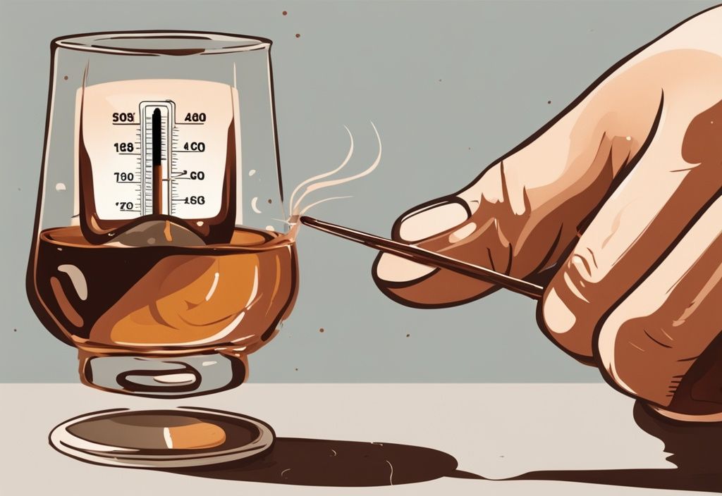 Nahaufnahme einer Hand, die ein Whiskyglas mit einem Thermometer hält, das die optimale Trinktemperatur anzeigt, moderne Malerei in Brauntönen.