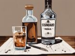 Modernes Gemälde mit brauner Farbgebung, Glas mit Russian Standard Vodka auf Holztisch, umgeben von Partitur, Stift und Vodkaflasche im Hintergrund – Russian Standard Vodka Test.