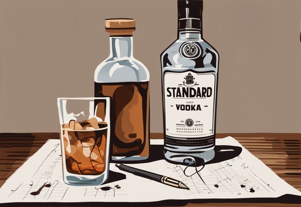 Modernes Gemälde mit brauner Farbgebung, Glas mit Russian Standard Vodka auf Holztisch, umgeben von Partitur, Stift und Vodkaflasche im Hintergrund – Russian Standard Vodka Test.