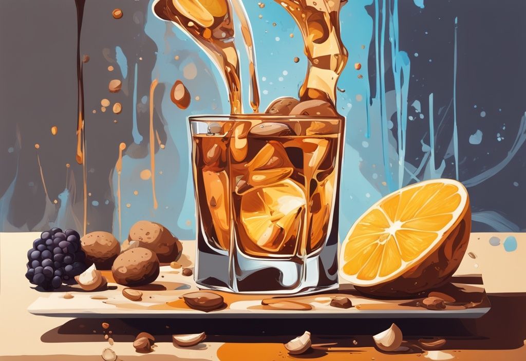 Moderne Malerei-Illustration mit braunem Farbschema, ein kristallklares Glas Wodka wird mit einem lebhaften Spritzer eingeschenkt, im Hintergrund verschiedene Zutaten, die den Geschmack beeinflussen, wie Getreide, Kartoffeln und Früchte, wie schmeckt Vodka.