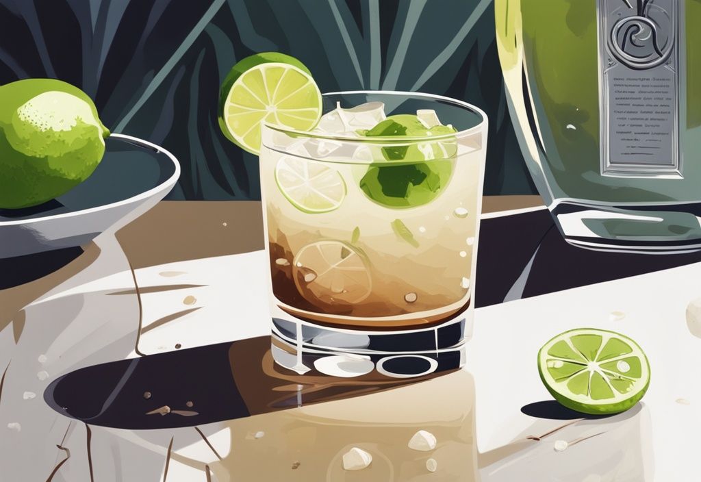 Moderne Malerei Illustration in Brauntönen, Nahaufnahme eines erfrischenden Gimlet-Cocktails im Kristallglas mit Limettenrad, im Hintergrund verstreute Zutaten wie Limette, Gin und Zuckersirup