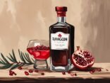 Moderne Illustration eines Gemäldes mit brauner Farbgebung, die Ruby of Rangoon Gin Flasche auf einem rustikalen Holztisch zeigt, daneben ein gefülltes Gin-Glas, umgeben von frischen Wacholderbeeren und rubinroten Granatapfelkernen - Ruby of Rangoon Gin Test.