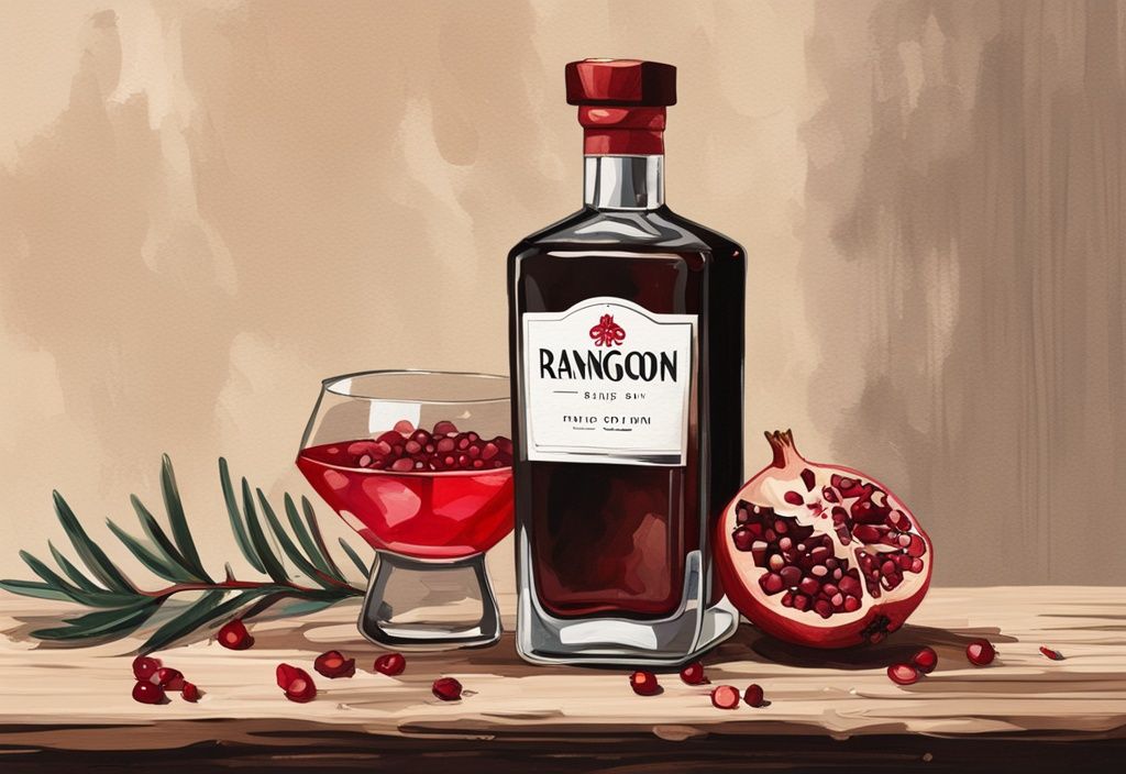 Moderne Illustration eines Gemäldes mit brauner Farbgebung, die Ruby of Rangoon Gin Flasche auf einem rustikalen Holztisch zeigt, daneben ein gefülltes Gin-Glas, umgeben von frischen Wacholderbeeren und rubinroten Granatapfelkernen - Ruby of Rangoon Gin Test.