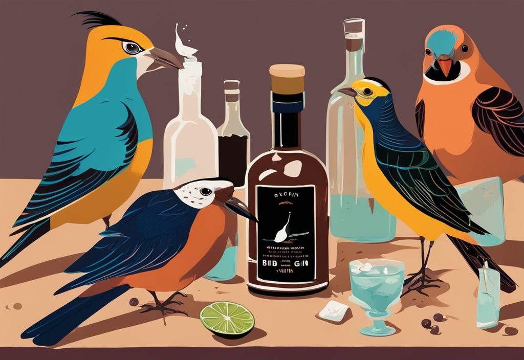 Moderne Malerei mit braunem Farbschema, bunte Vögel auf einer offenen Ginflasche, die am Korken picken, mit einem Verkostungsglas Gin daneben - Birds Gin Test