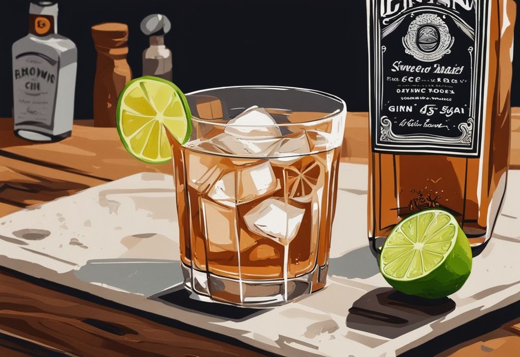 Moderne Illustration eines Highball-Glases mit Gin und süßem Mixer, garniert mit einer Limettenscheibe, auf einem rustikalen Holztisch neben einer Schale mit Zuckerwürfeln und einer kleinen Gin-Flasche