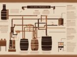 Moderne Illustration eines vereinfachten Infografik zur Whisky Herstellung einfach erklärt, mit Hauptfarbthema Braun, zeigt die Schritte Malzen, Maischen, Fermentation, Destillation und Reifung.