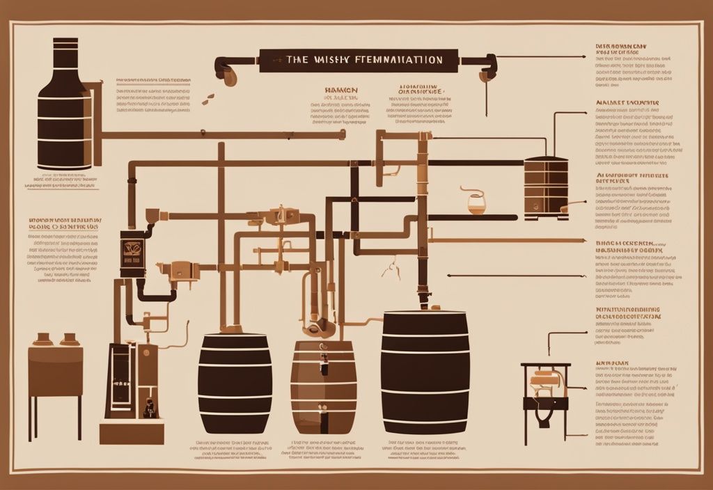 Moderne Illustration eines vereinfachten Infografik zur Whisky Herstellung einfach erklärt, mit Hauptfarbthema Braun, zeigt die Schritte Malzen, Maischen, Fermentation, Destillation und Reifung.