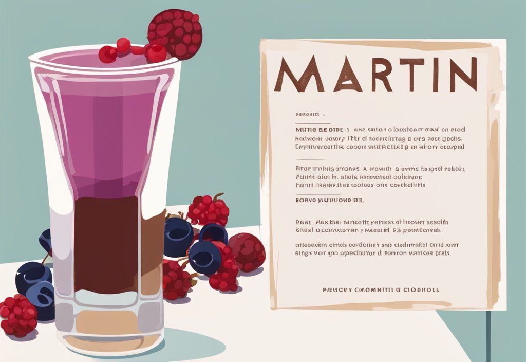 Moderne Illustration eines Martini mit Wild Berry Rezept, Martini-Glas mit Wild Berry Cocktail und frischen Beeren auf einer eleganten Bar, Rezeptkarte im Hintergrund.