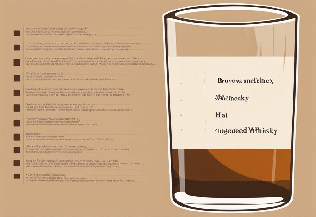 Moderne Illustration eines Whiskyglases mit einer Liste der gesundheitlichen Vorteile von mäßigem Whisky-Konsum, braune Farbtöne