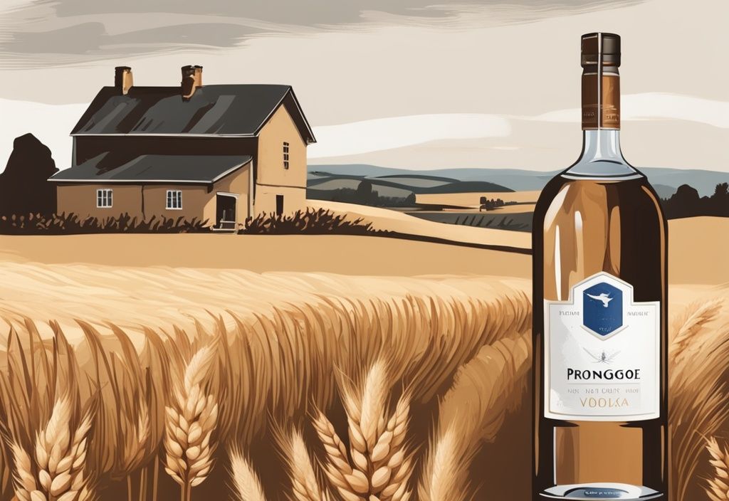 Moderne Illustration eines rustikalen französischen Landschaftsbildes mit Weizenfeldern, einer Brennerei im Hintergrund und einer Grey Goose Vodka Flasche im Vordergrund, Hauptfarbthema braun.