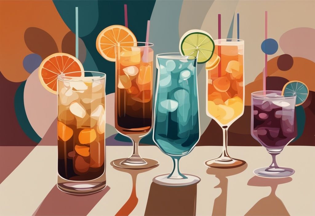 Moderne Malerei-Illustration in Brauntönen, bunte Cocktails in eleganten Gläsern, Sodawasser für Cocktails in der Mitte.