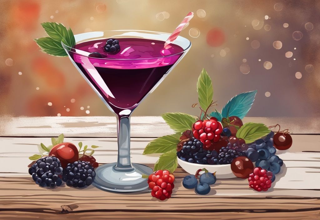 Martini-Glas mit wildem Beeren-Cocktail auf rustikalem Holztisch, umgeben von Rezeptzutaten, modernes Gemälde im Hintergrund, braunes Farbschema