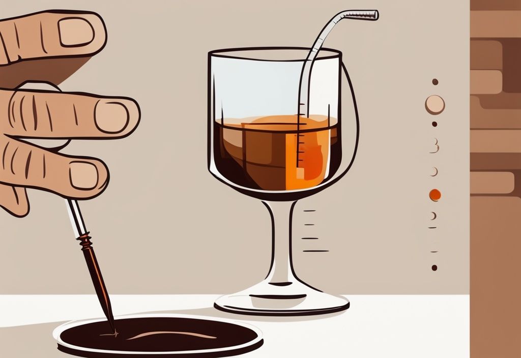 Nahaufnahme einer Hand, die ein Whiskyglas mit einem Thermometer hält, das die optimale Trinktemperatur anzeigt, moderne Malerei Illustration in Brauntönen.