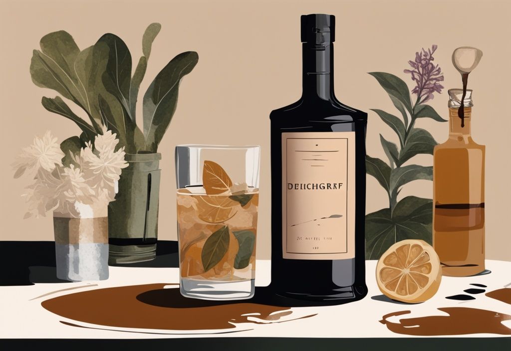 Moderne Illustration eines Gemäldes mit braunem Farbschema, eine Flasche Deichgraf Gin auf einem Tisch, umgeben von verschiedenen Botanicals, mit einem Verkostungsglas gefüllt mit Gin daneben.