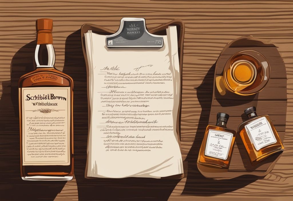 Moderne Malerei Illustration mit braunem Farbschema, rustikaler Holztisch mit einer Auswahl an erstklassigen schottischen Whiskys, einem Verkostungsglas und einer handgeschriebenen schottischer Whisky Empfehlungsliste.