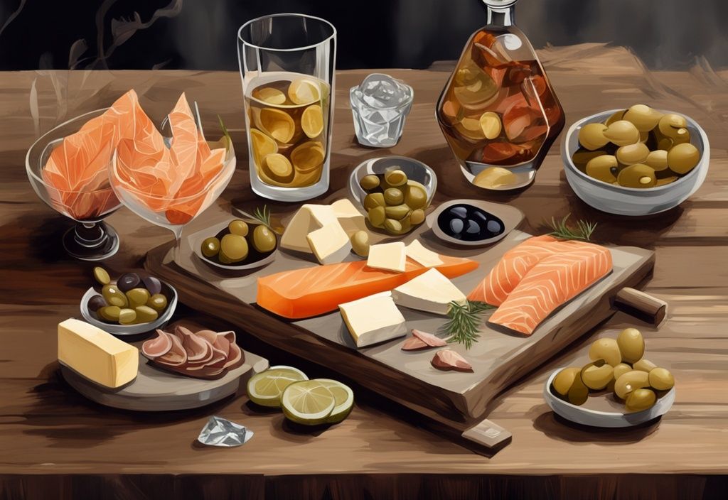 Moderne Malerei Illustration mit braunem Farbschema, Gourmet-Snacks wie Käse, Oliven und Räucherlachs um ein kristallklares Glas Gin auf einem rustikalen Holztisch arrangiert.