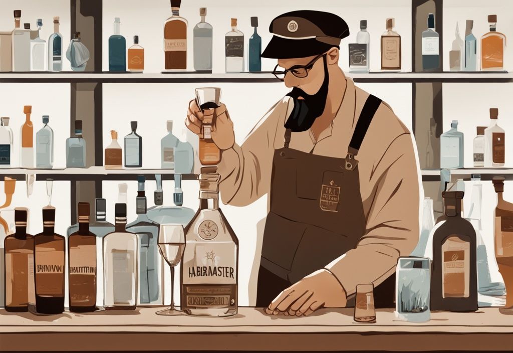 Moderner Gemäldeillustration mit braunem Farbschema: Ein Hafenmeister führt einen Gin-Test durch, untersucht sorgfältig eine Flasche Harbormaster Gin und gießt sie in ein Kristallglas.