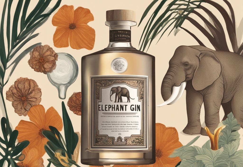 Nahaufnahme einer eleganten Flasche Elephant Gin umgeben von exotischen Botanicals und einem gefüllten Verkostungsglas, moderne Malerei im braunen Farbschema.