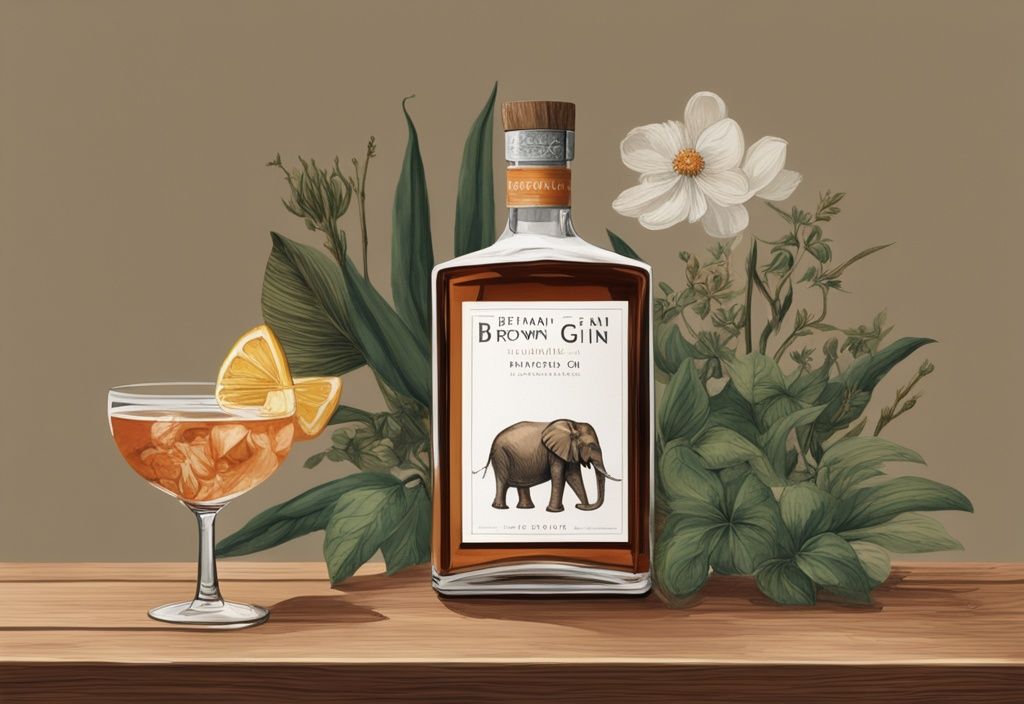 Moderner Gemälde-Illustration mit braunem Farbschema, elegante Flasche Elephant Gin auf Holztisch mit frischen Botanicals und halbgefülltem Verkostungsglas – Elephant Gin Test.