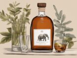 Modernes Gemälde mit braunem Farbschema, elegante Flasche Elephant Gin auf Holztisch mit frischen Botanicals und halbgefülltem Verkostungsglas – Elephant Gin Test