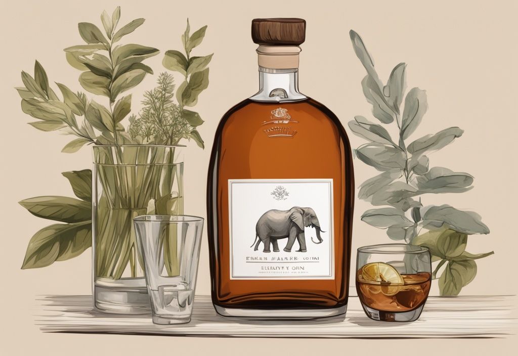 Modernes Gemälde mit braunem Farbschema, elegante Flasche Elephant Gin auf Holztisch mit frischen Botanicals und halbgefülltem Verkostungsglas – Elephant Gin Test