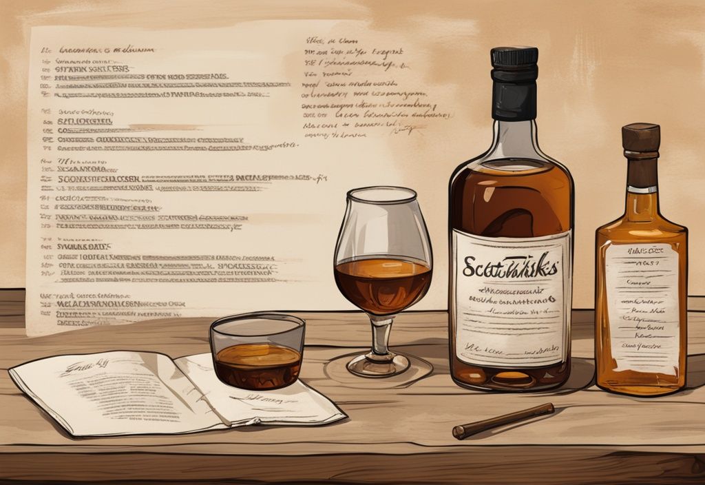 Moderne Gemälde-Illustration mit braunen Farbtönen, rustikaler Holztisch mit erstklassigen schottischen Whiskys, Verkostungsglas und handgeschriebener schottischer Whisky Empfehlung.