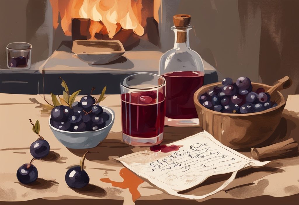 Moderne Malerei-Illustration einer rustikalen Küchenszene mit braunem Farbthema, einer Flasche Schlehengin, einer Schüssel frischer Schlehenbeeren und einem brennenden Cocktailglas, handgeschriebenes Schlehenfeuer-Rezept auf Pergamentpapier im Hintergrund.