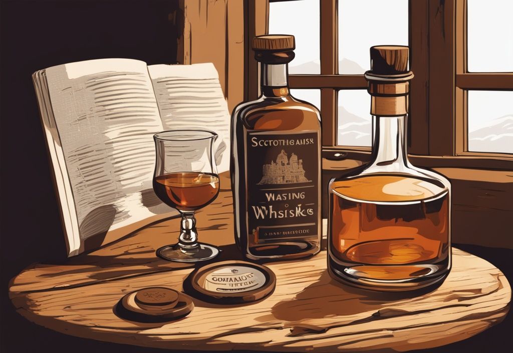 Moderne Malerei-Illustration mit braunem Farbschema: Rustikaler Holztisch mit einer Auswahl schottischer Whiskys, einem Verkostungsglas, einem Wasserkrug und einem Leitfaden mit Whisky-Empfehlungen.