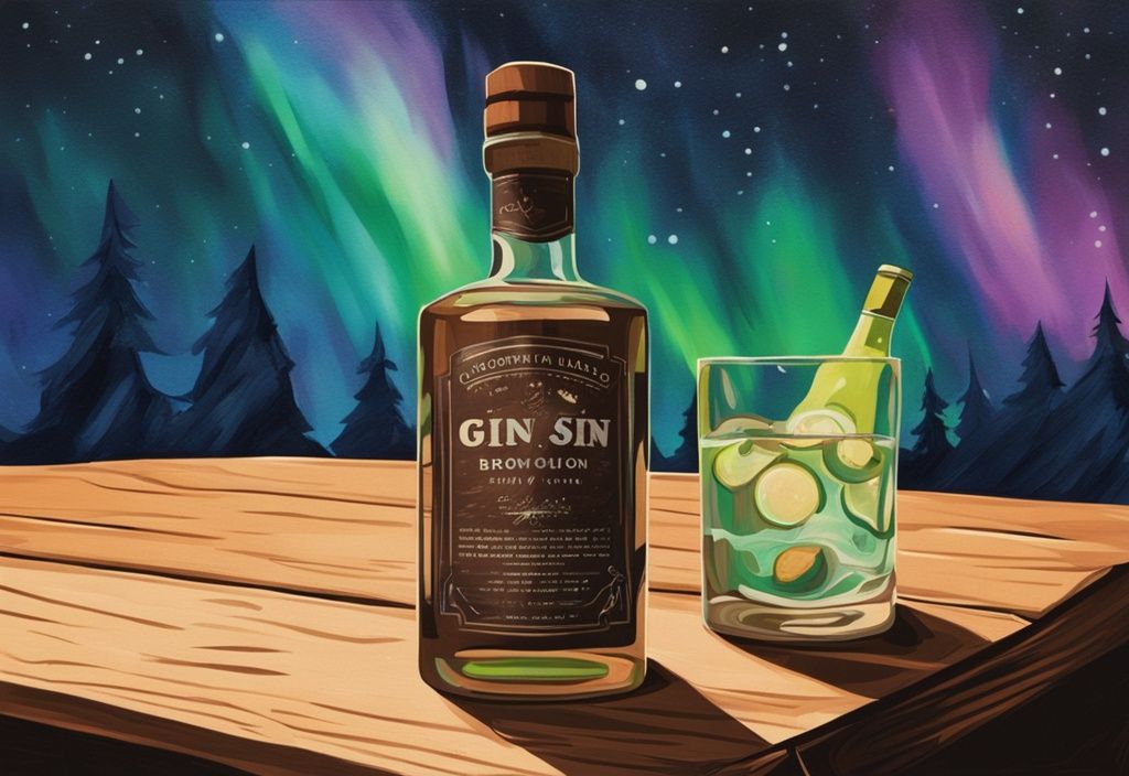 Moderne Malerei-Illustration in Brauntönen, Gin-Flasche auf Holzoberfläche vor dem Hintergrund des lebhaften Nordlichts am Nachthimmel, Nordlicht Gin Test