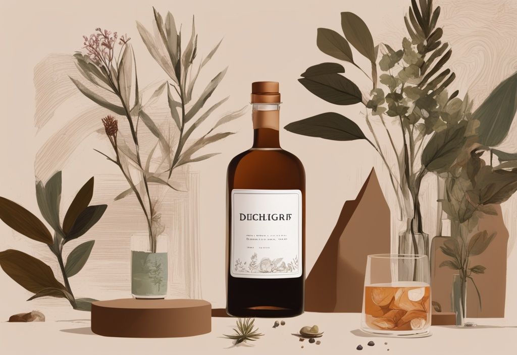 Moderne Illustration mit braunem Farbschema, Deichgraf Gin Flasche auf einem Tisch mit verschiedenen Botanicals, gefülltes Verkostungsglas daneben.