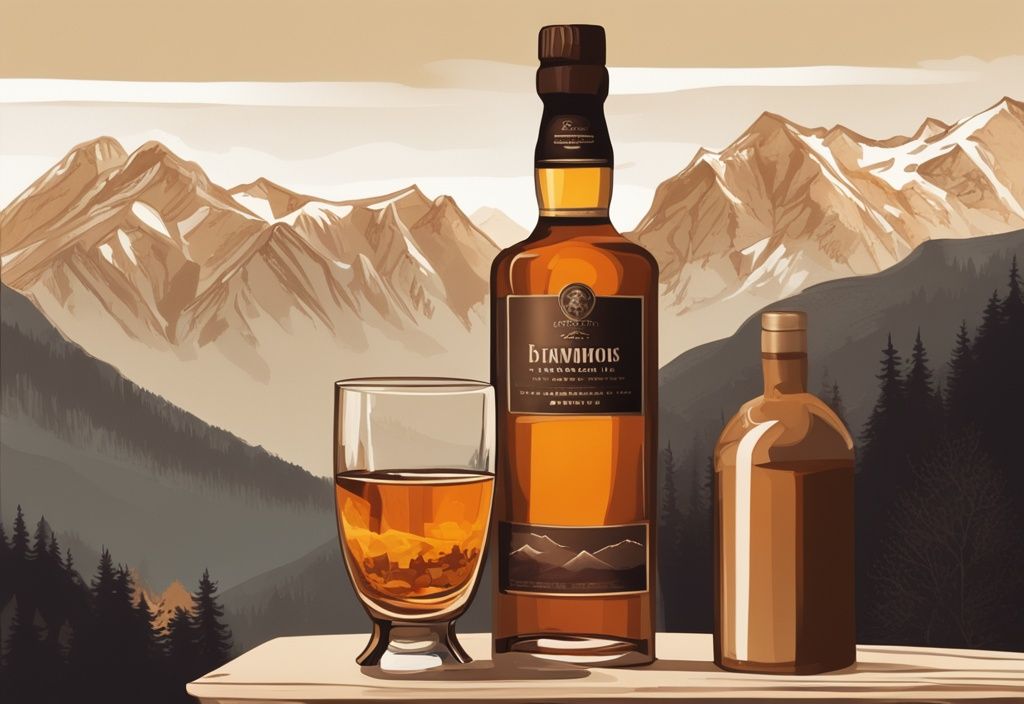 Nahaufnahme einer Flasche und eines Glases mit bernsteinfarbenem Whisky vor den Bayerischen Alpen, moderner Malerei-Illustration in Brauntönen.