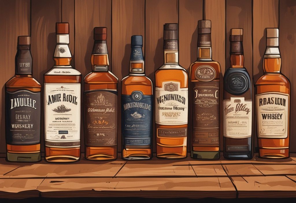 Moderne Illustration eines Gemäldes mit braunem Farbschema, das eine Auswahl der besten amerikanischen Whiskeys auf einer rustikalen Holztheke zeigt, mit einem Glas bernsteinfarbenem Whiskey im Vordergrund.