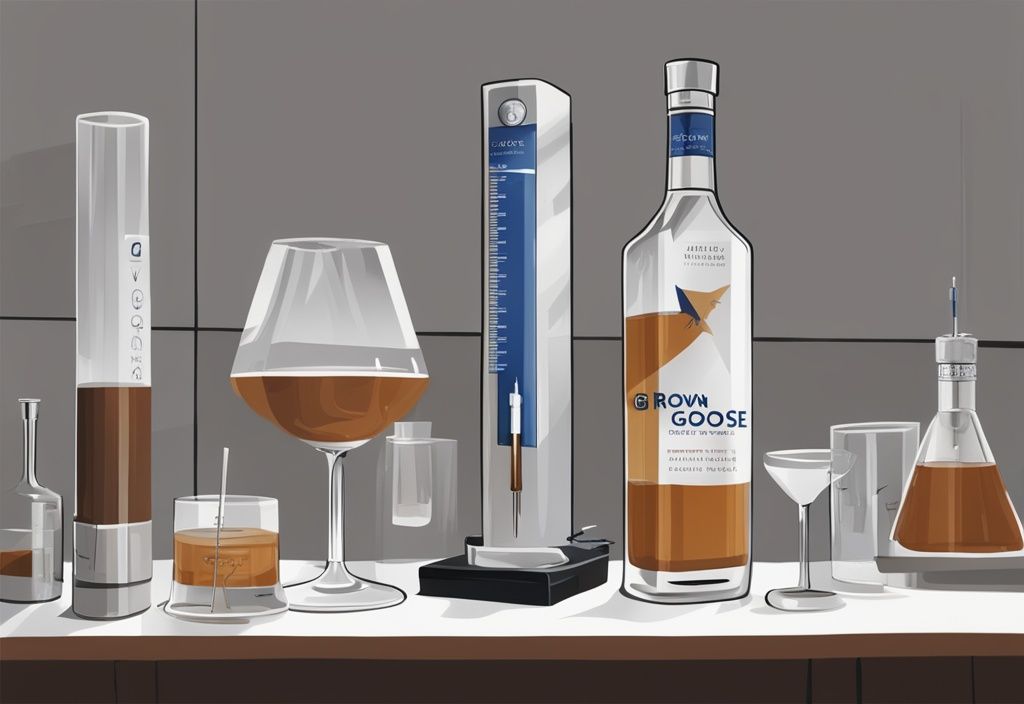 Moderne Malerei Illustration mit braunem Farbthema, elegante Flasche Grey Goose Vodka auf stilvollem Tresen, umgeben von Testgeräten wie Hydrometer, Thermometer und Verkostungsglas.