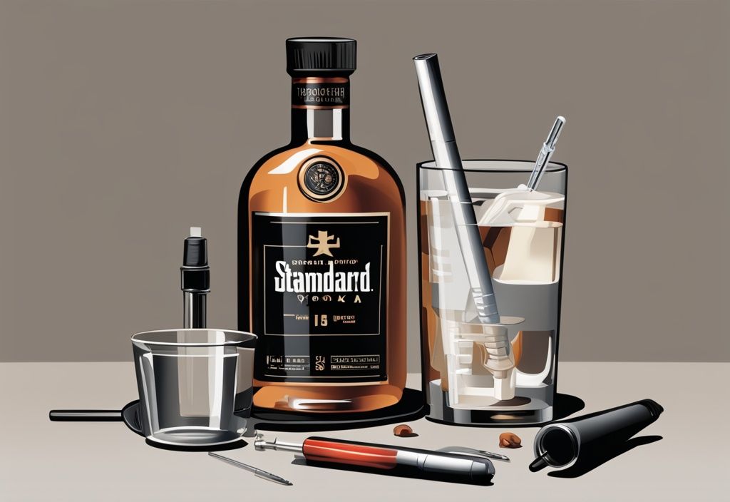 Moderne Illustration in Brauntönen mit einer klaren Flasche Russian Standard Vodka auf einem schwarzen Tisch, umgeben von Testwerkzeugen wie einem Hydrometer, einem Thermometer und einem teilweise gefüllten Verkostungsglas.