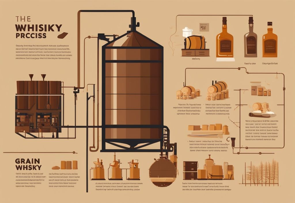 Moderne Illustration des Whiskyherstellungsprozesses, von der Getreideauswahl bis zur Abfüllung, in Brauntönen