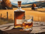 Nahaufnahme einer Flasche und eines Glases mit bernsteinfarbenem Whisky vor rustikaler bayerischer Landschaft, moderner Malerei-Illustration, bester Whisky aus Bayern